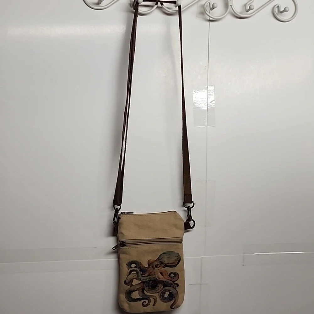 Cott n Curls Tan Canvas Octopus Print Leather Strap Crossbody Cell Phone Bag